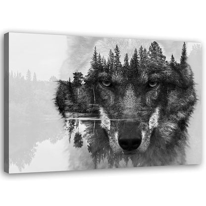 Feeby Fleece Canvas Picture Wolf Head Lake Forest 100x70 cm Print Wall Art Wall Decoration Decor Wall Aesthetic Animal Abstract Nature Black and White