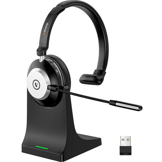 Bluetooth headset, wireless headset with microphone for PC, V5.2 computer headset with noise-canceling microphone, USB dongle, charging station, and mute button for work, mobile phones, computer.