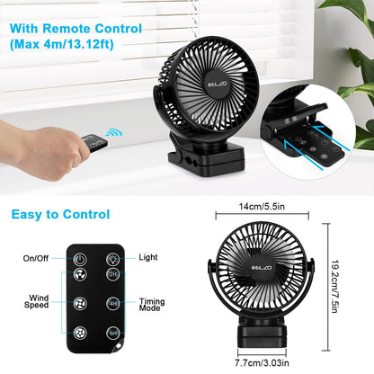 ELZO 12000mAh Camping Fan, Rechargeable Desk Fan USB Mini Fan with LED Light & Hook, 360° Rotation Quiet with Remote Control