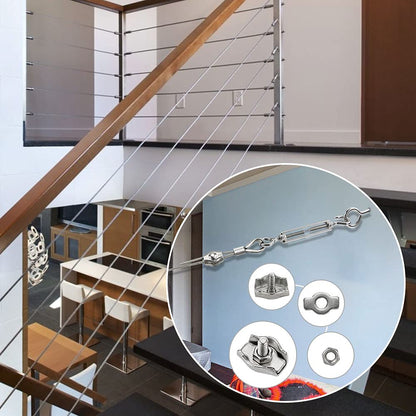 Stainless steel wire rope set with 60pcs, 35m/2mm steel rope for trellis with M5 turnbuckle, eye screw, wire rope clamps, aluminum rope clamps.
