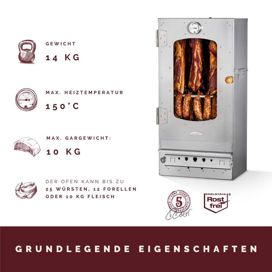 KAISER Company '50' high-quality stainless steel smokehouse/smoker - wood-fired I portable smoker 80 cm I perfect for smoking I can fit up to 10kg of meat I with accessories I NON-RUSTING