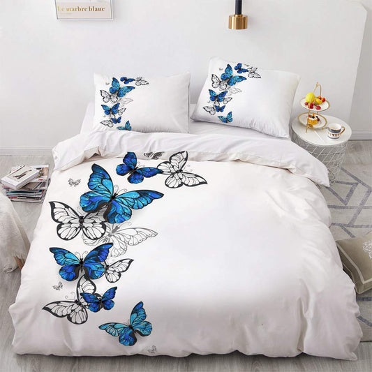 Luowei Butterfly bedding set 155x220cm Blue White Butterfly pattern duvet cover set Microfiber reversible bedding with zipper closure and 2 pillowcases 80 x 80 cm