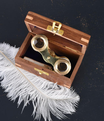 Opera glass with wooden box, theater binoculars, brass and mother-of-pearl antique, lup147 Palazzo Exclusive.