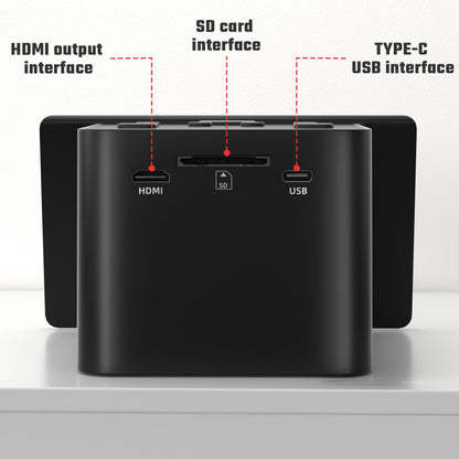 Digital film and slide scanner with large 5-inch LCD display, converts 135, 126 KPK, 110 negatives, color and black-and-white slides, and Super 8 film into 22 MP JPEG images.