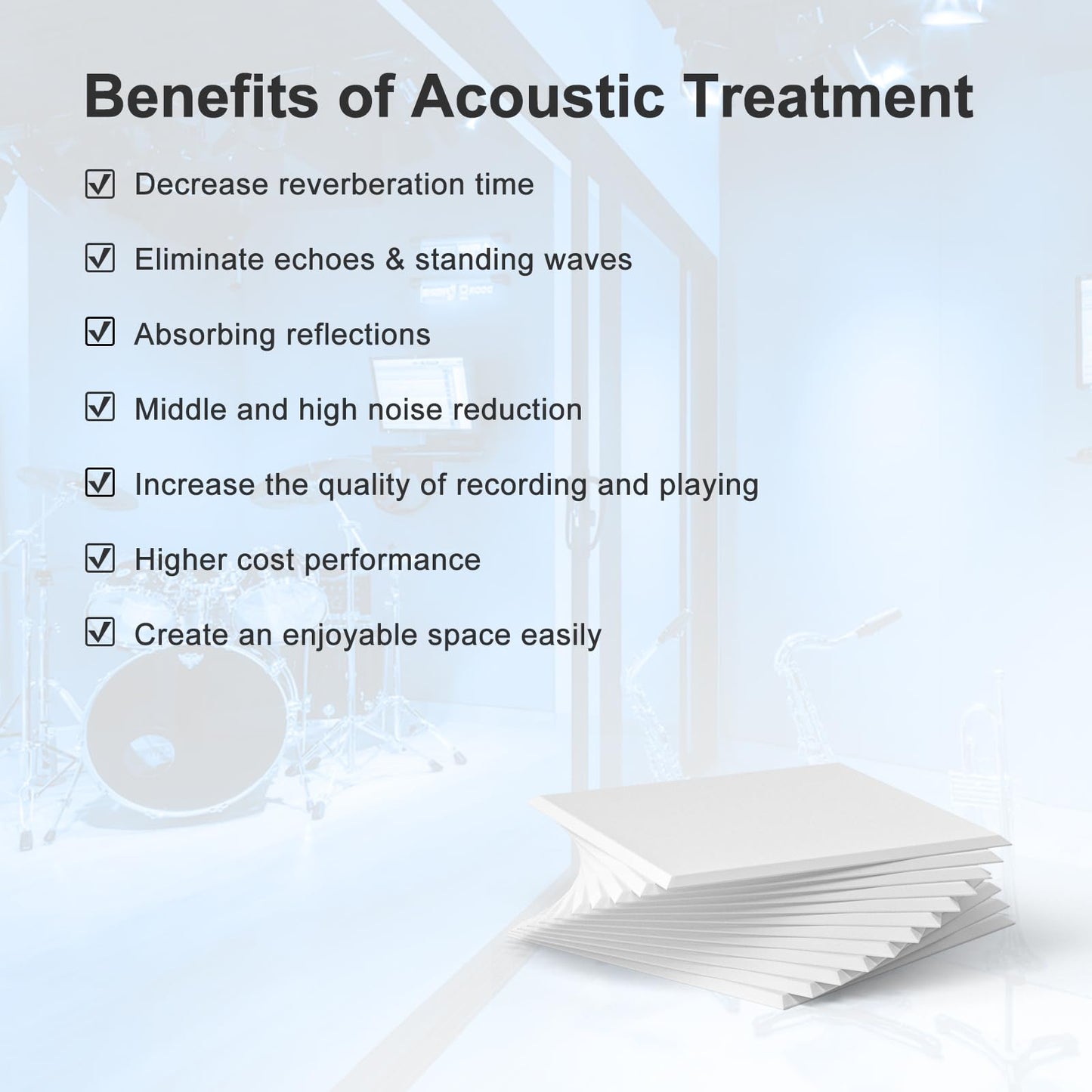 Acoustic Panels Self-Adhesive Felt, 12 Pieces Wall, Ceiling, Door Sound Absorber for Studio, Living Room, Kids Room, TV, Office, Bedroom, Acoustic Panels White, 30 x 30 x 0.9cm, 1.08㎡