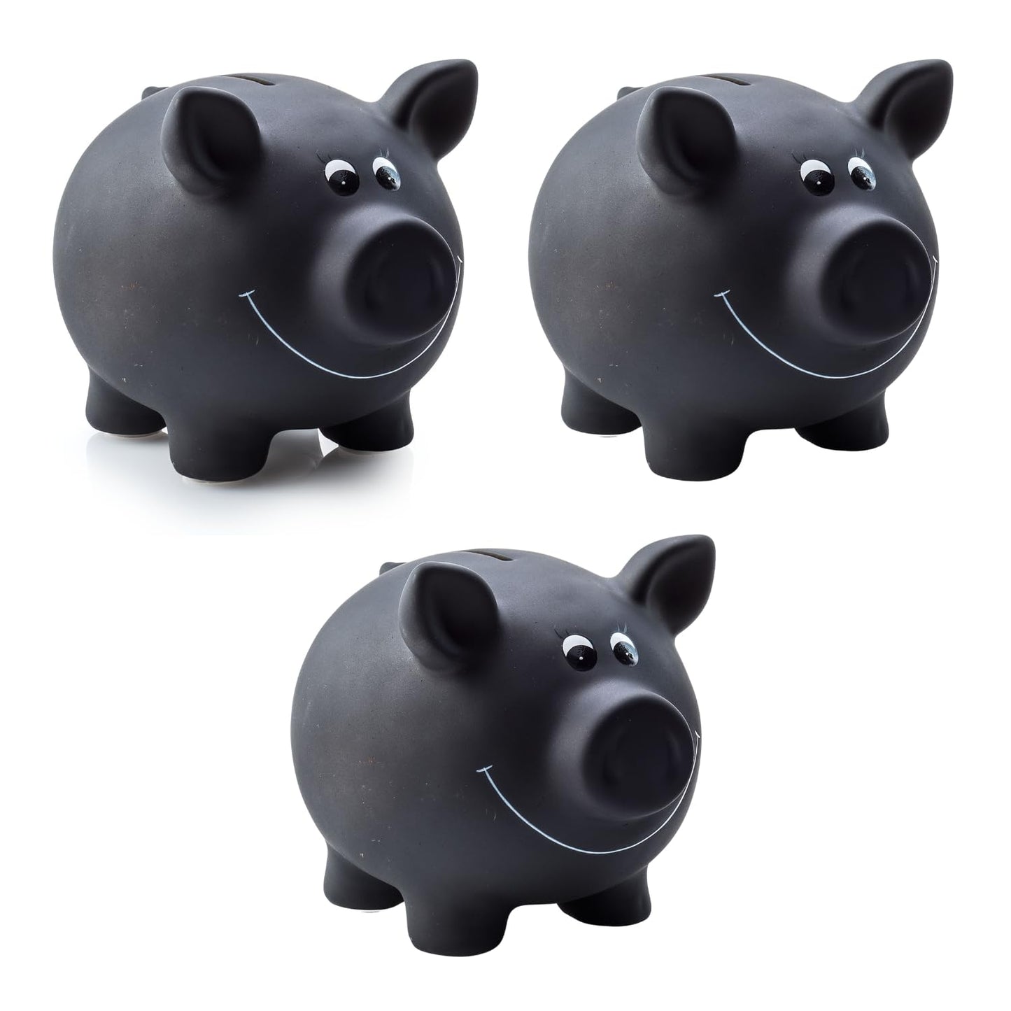 3x ceramic piggy bank, black | chalkboard paint for labeling including lock & key | dimensions: approx. 17.5 x 13.5 x 14.4 cm | gift idea for saving enthusiasts of all ages