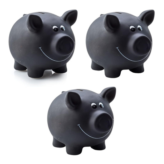 3x ceramic piggy bank, black | chalkboard paint for labeling including lock & key | dimensions: approx. 17.5 x 13.5 x 14.4 cm | gift idea for saving enthusiasts of all ages