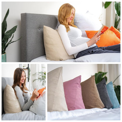 Sleeping back cushion wedge pillow for bed and sofa, lumbar pillow, triangular reading pillow, beach pillow, pillow with removable washable cover, side pocket, 70 cm wide, beige.