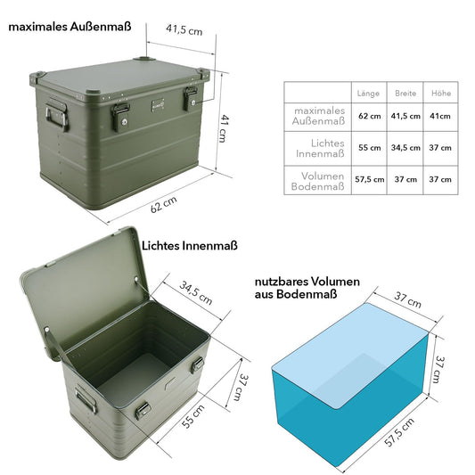 Aluminum box lockable E78G OLIVE GREEN - Premium storage box 78 liters - Material thickness 1mm - Lid with aluminum die-cast stacking corners and rubber seal - including locks - painted