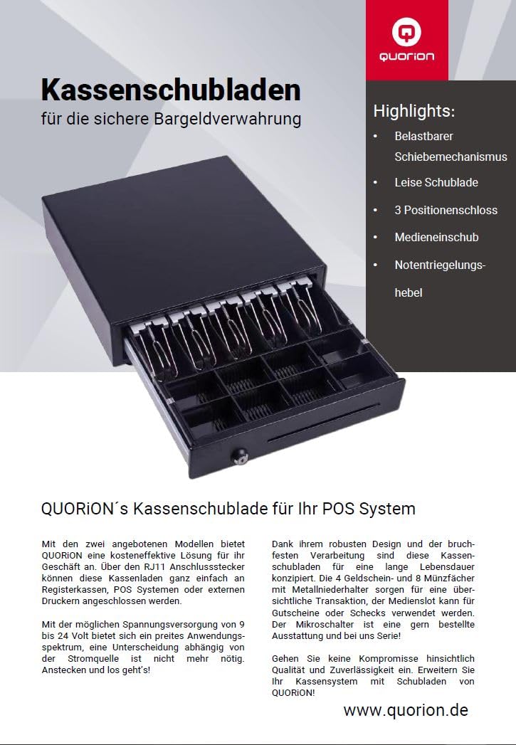 Cash drawer QUORION 410F for PC/POS cash systems & receipt printers with 9 12 or 24 V connection RJ11 with 8 coin and 4 bill compartments, 2 keys, robust original equipment manufacturer quality.