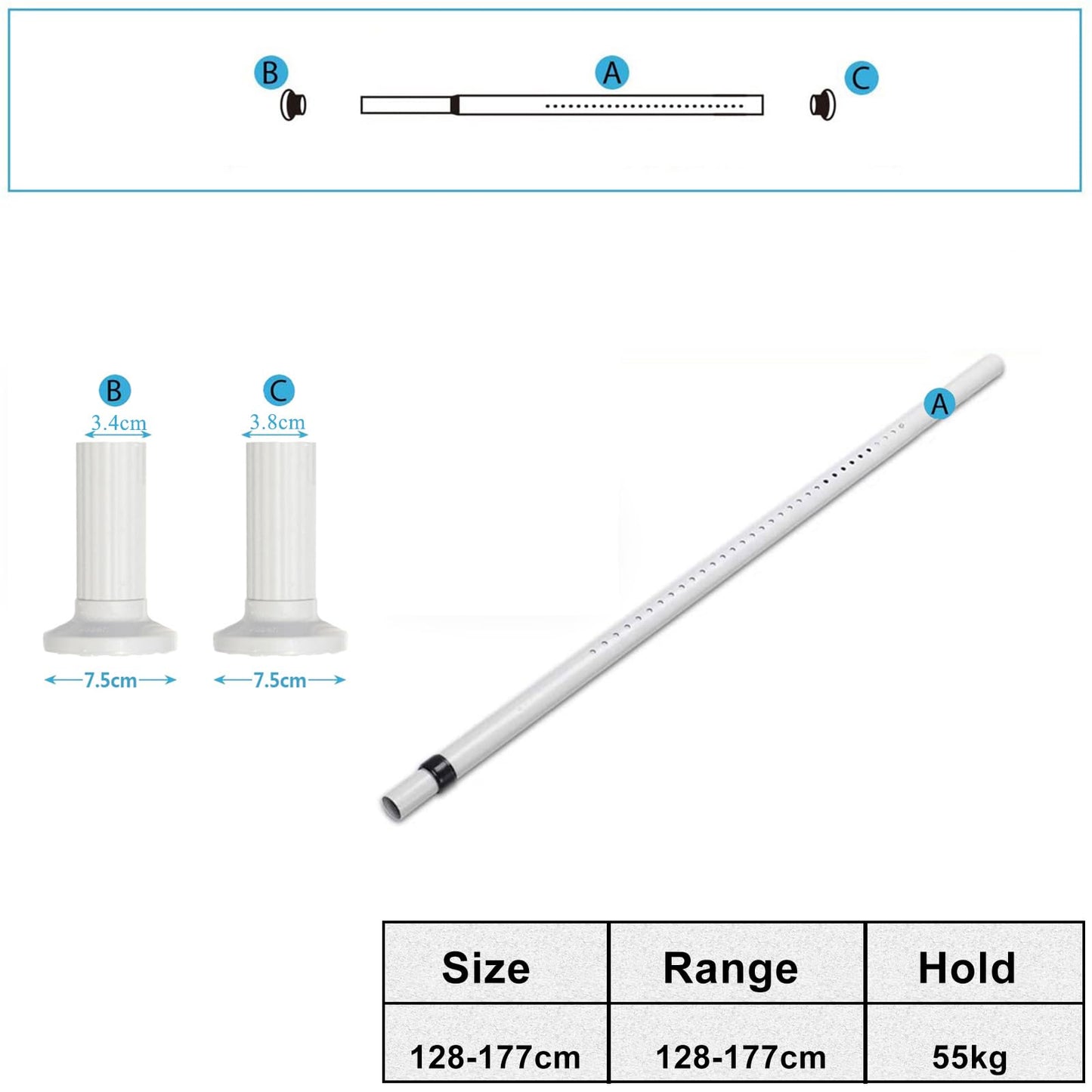 Telescopic rod without drilling, 128-177cm extendable stainless steel shower curtain rod for large windows/shower rooms (White-1, 128-177cm)
