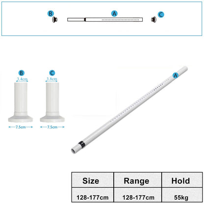 Telescopic rod without drilling, 128-177cm extendable stainless steel shower curtain rod for large windows/shower rooms (White-1, 128-177cm)