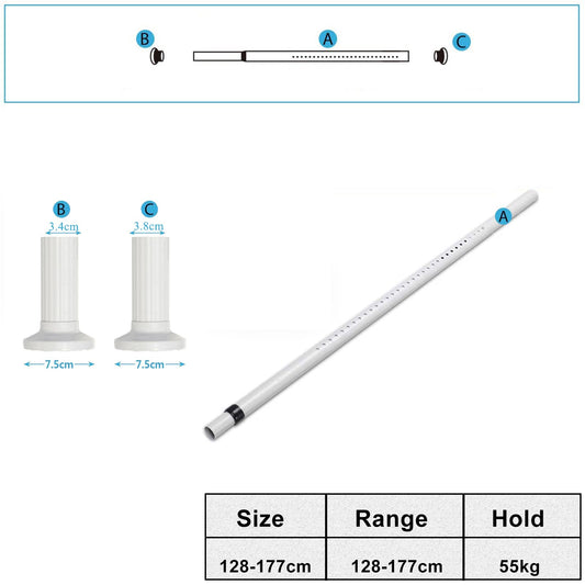Telescopic rod without drilling, 128-177cm extendable stainless steel shower curtain rod for large windows/shower rooms (White-1, 128-177cm)