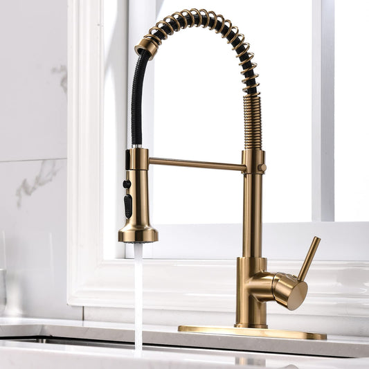 TIMACO Kitchen Faucet Brushed Gold with 360° Swivel, Pull-Down Sprayer Faucet Mixer, Commercial Single Handle Kitchen Faucet in Brushed Gold Finish Kitchen Tap