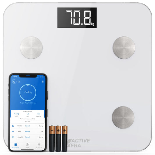 ACTIVE ERA Body Fat Scale - Digital bathroom scale with app - Smart Bluetooth scale for body analysis - Body fat, BMI, weight (max. 180 kg), muscle mass, water, protein, bone weight - White