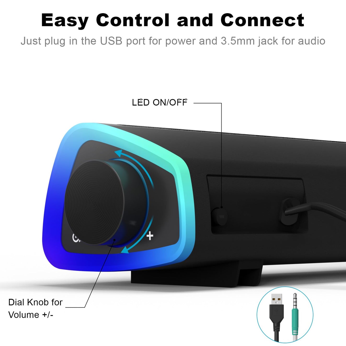 SOULION R30 computer speakers, USB-powered small PC speakers, color-changing LED light with switch button, surround sound portable computer sound bar speaker for desktop laptop.