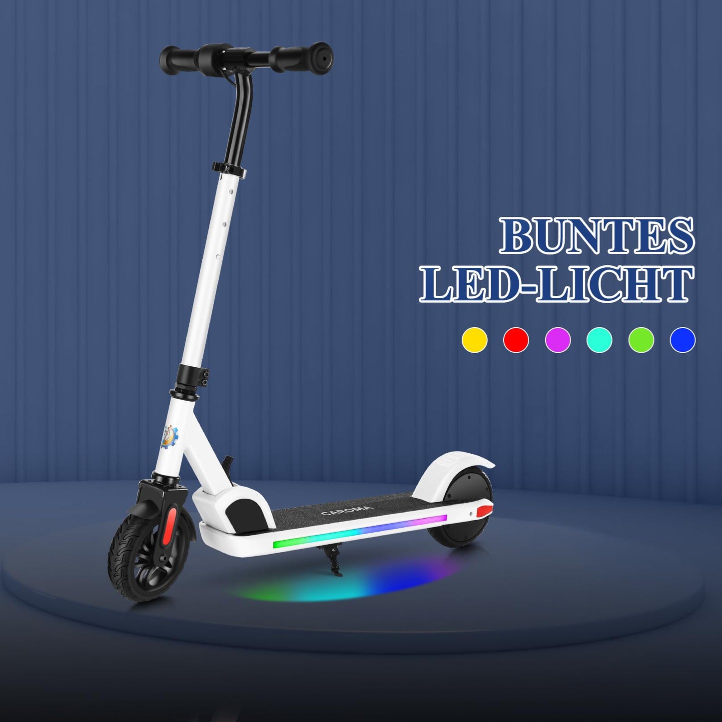 Caroma electric scooter for kids aged 8-12, 150W motor, 16 km/h, 60 min ride time, Adjustable speed & height, Colorful lights, LED display, Foldable kids electric scooter.