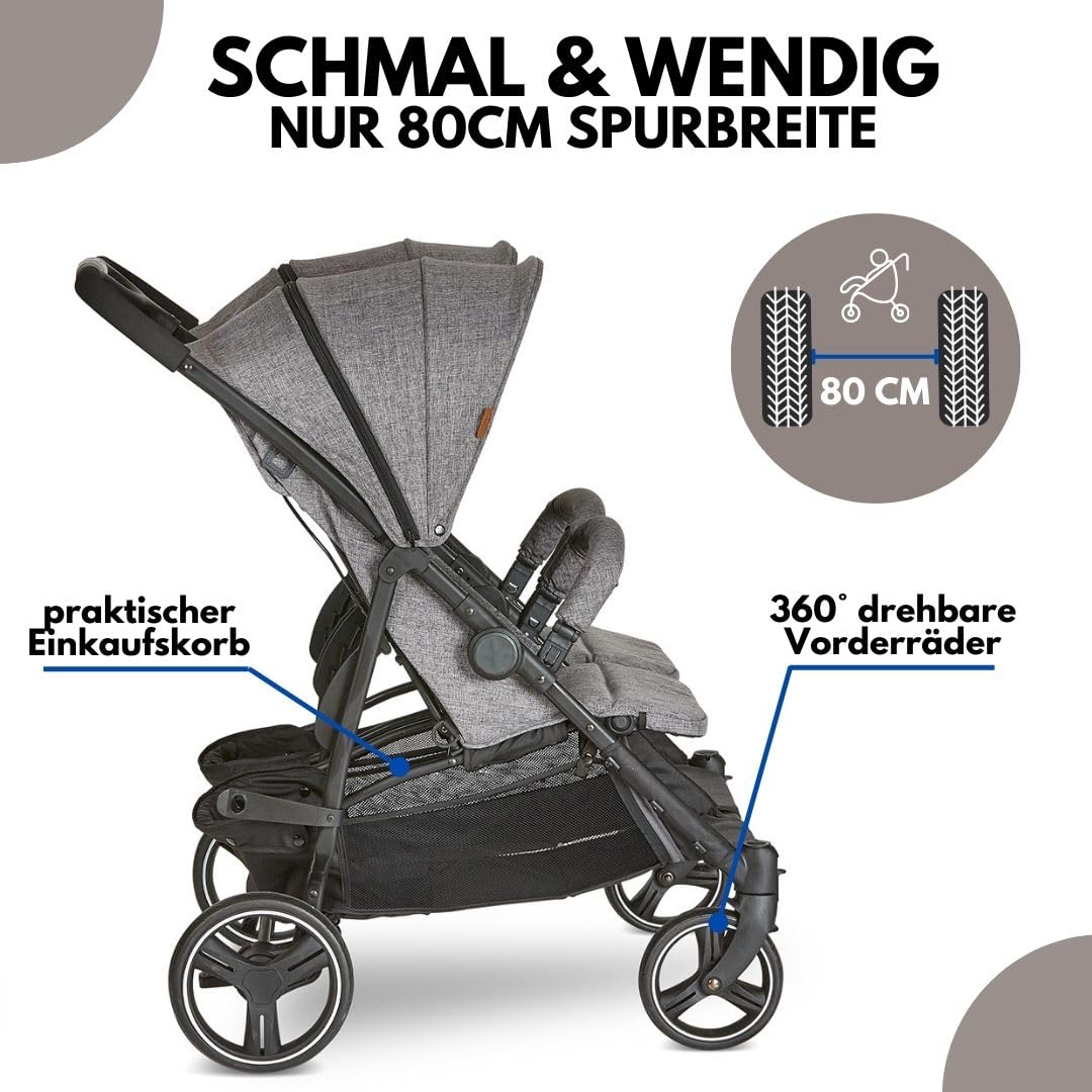 ABC Design Twin Buggy Twin Circle - lightweight and maneuverable stroller for twins with reclining function, small folding sibling stroller - Woven Graphite