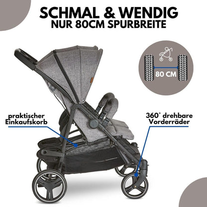 ABC Design Twin Buggy Twin Circle - lightweight and maneuverable stroller for twins with reclining function, small folding sibling stroller - Woven Graphite