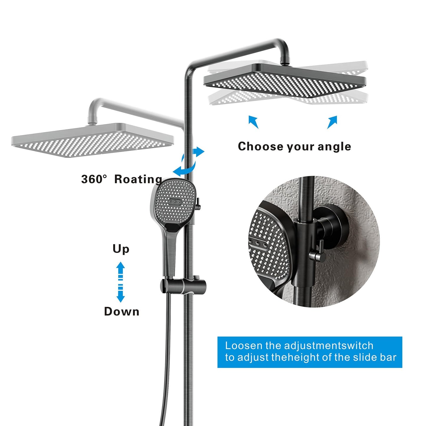 QREZAA Shower System with Thermostat, Featuring 32 X 22cm Rain Shower Hand Shower Bidet Sprayer Bathtub Faucet, Adjustable Shower Column, Wall Mount Shower Set, Thermostat Brass Valve (Gray)