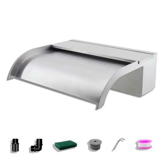LONGRUNNEW Pond Waterfall Blade Set, 30 cm Stainless Steel Pool Fountain with Accessories, 18 cm Wide Curved Spout Splash Wall for Garden Patio Pond Decoration