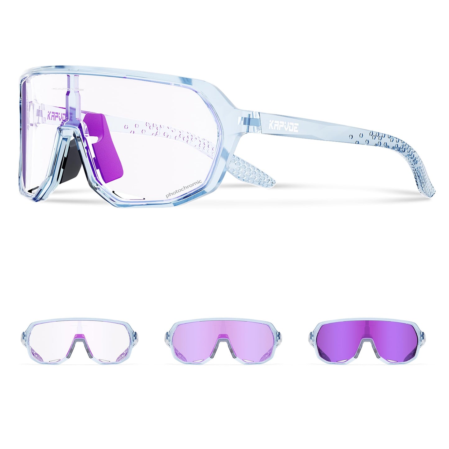 KAPVOE self-tinting cycling sunglasses for men and women. Ideal for fast cycling, running, and mountain biking with UV protection. Model K63.