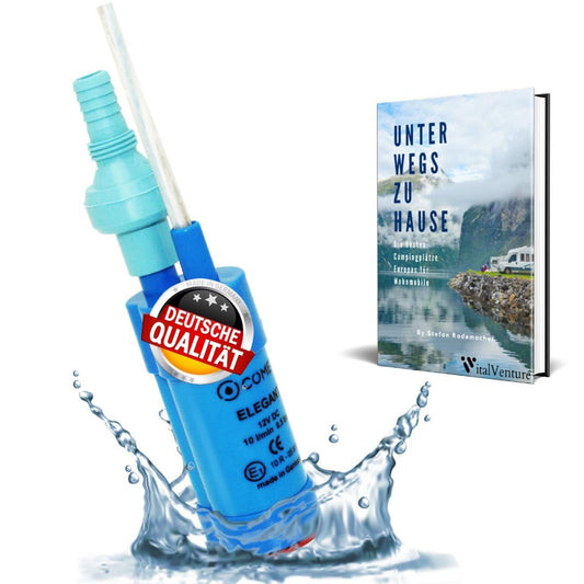 Comet Elegant Water Pump 12V with Check Valve (Fixed) + Filter - Set with Camping Ebook - for Motorhome, Caravan, Submersible Pump