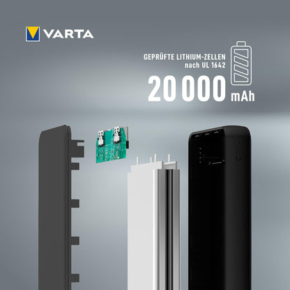 VARTA Power Bank 20000mAh, Power on Demand Powerbank with 4 ports (1x Micro USB, 2x USB A, 1x USB C), compatible with tablets & smartphones, in environmentally friendly packaging.