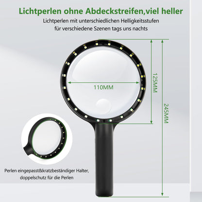LED Lighted Magnifying Glass - Reading magnifier with light for seniors Large 3 light modes USB rechargeable Illuminated magnifying glass with 20 LEDs Lightweight Magnifying glass with eyeglass cloth Handheld magnifier for visual impairment (Black)