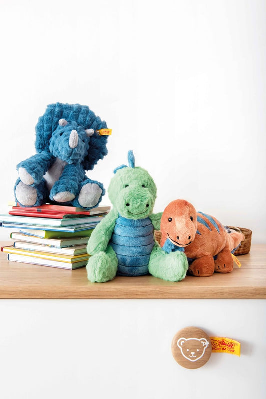 Steiff Soft Cuddly Friends Dixi Triceratops Petrol 28 cm, dinosaur plush toy made of cuddly soft plush.