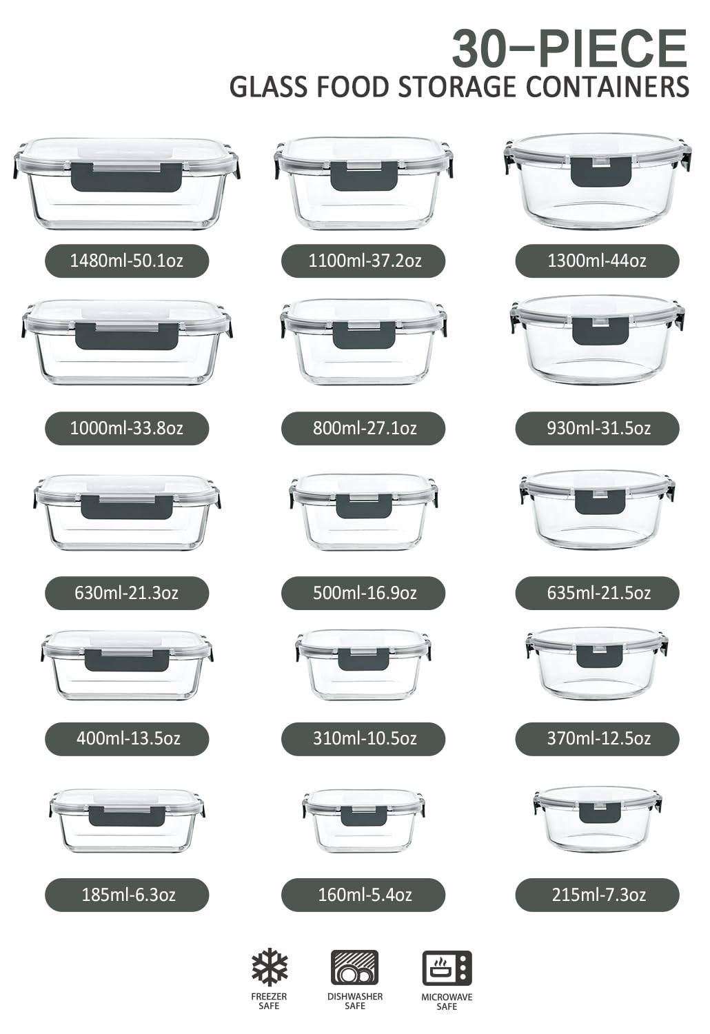 MCIRCO Glass Food Storage Containers 30 Pack [15 containers + 15 lids] - Glass canisters - Clear lids - BPA free - for home kitchen or restaurant