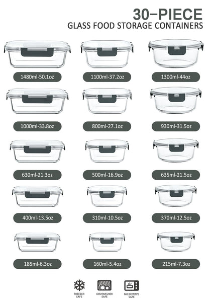 MCIRCO Glass Food Storage Containers 30 Pack [15 containers + 15 lids] - Glass canisters - Clear lids - BPA free - for home kitchen or restaurant