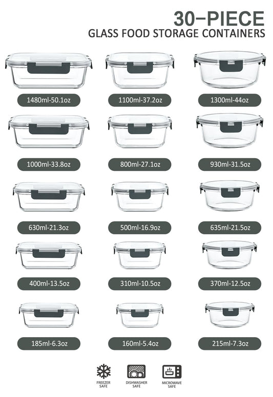 MCIRCO Glass Food Storage Containers 30 Pack [15 containers + 15 lids] - Glass canisters - Clear lids - BPA free - for home kitchen or restaurant