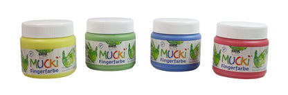 Kreul 23051 - Mucki finger paint for royal children, 6 x 50 ml & 2314 - Mucki vibrant finger paint, 4 x 150 ml in yellow, red, blue, and green, paraben-free, gluten-free, lactose-free, and vegan.