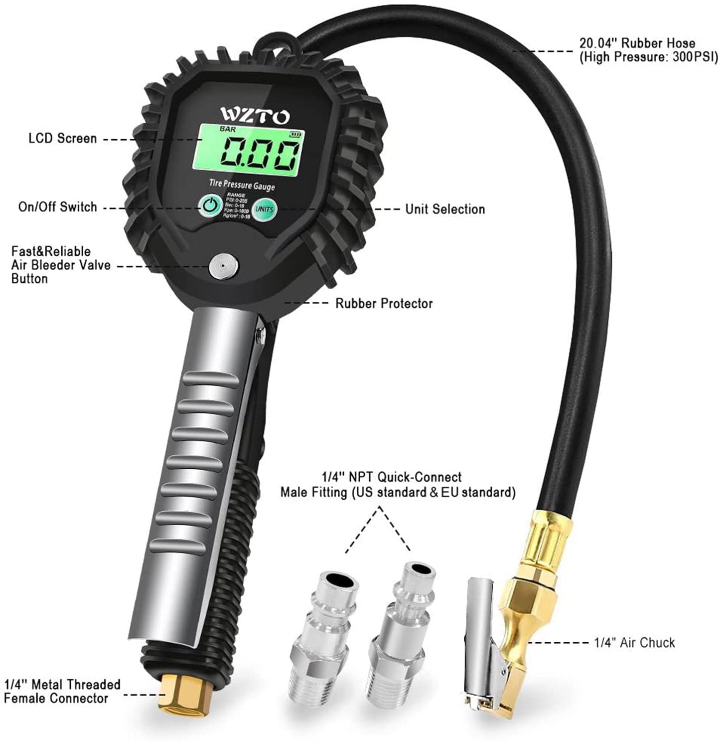 WZTO Digital Tire Pressure Gauge and Inflator, Calibrated air pressure gauge 255 PSI High Precision Tire Pressure Gauge with LCD screen for all vehicles, trucks, motorcycles (US & EU Standard Connection)
