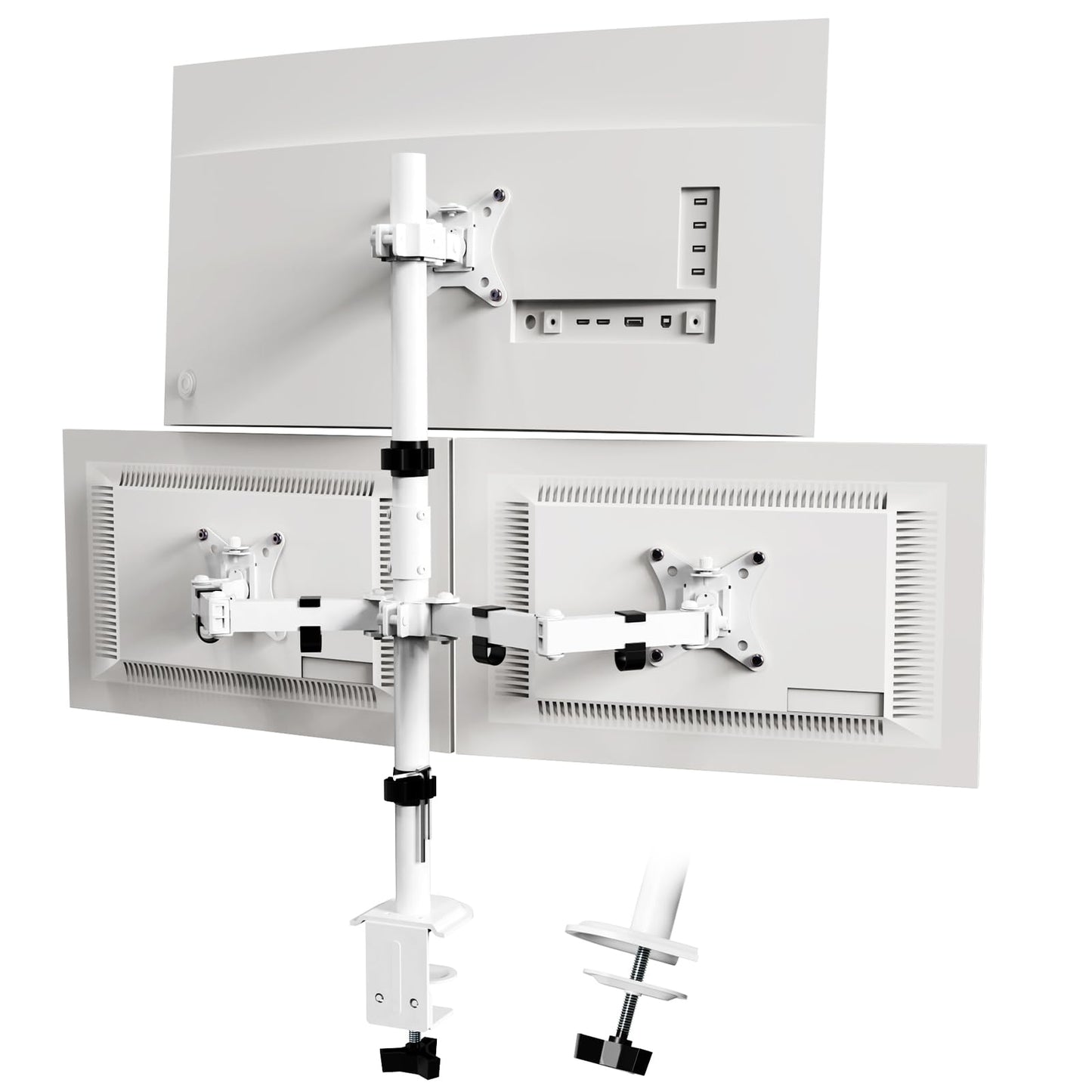 PUTORSEN Triple Monitor Stand for 13-32 inch Flat & Curved Screens, 80cm Pole Desk Mount with Swivel, Tilt, Height Adjustment, 9kg per Arm, VESA 75x75/100x100, White