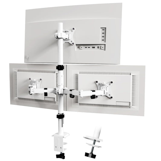 PUTORSEN Triple Monitor Stand for 13-32 inch Flat & Curved Screens, 80cm Pole Desk Mount with Swivel, Tilt, Height Adjustment, 9kg per Arm, VESA 75x75/100x100, White