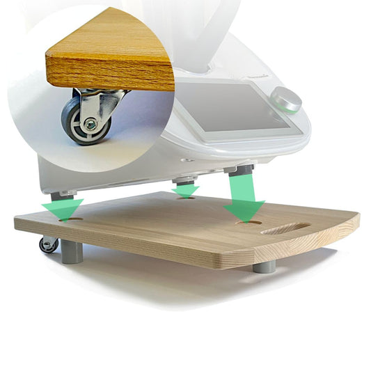 STAFECO Premium Wood Slide Board for Thermomix TM6 TM5 - Stable and stylish base with swiveling wheels, vibration damping, and worktop protection (natural wood)