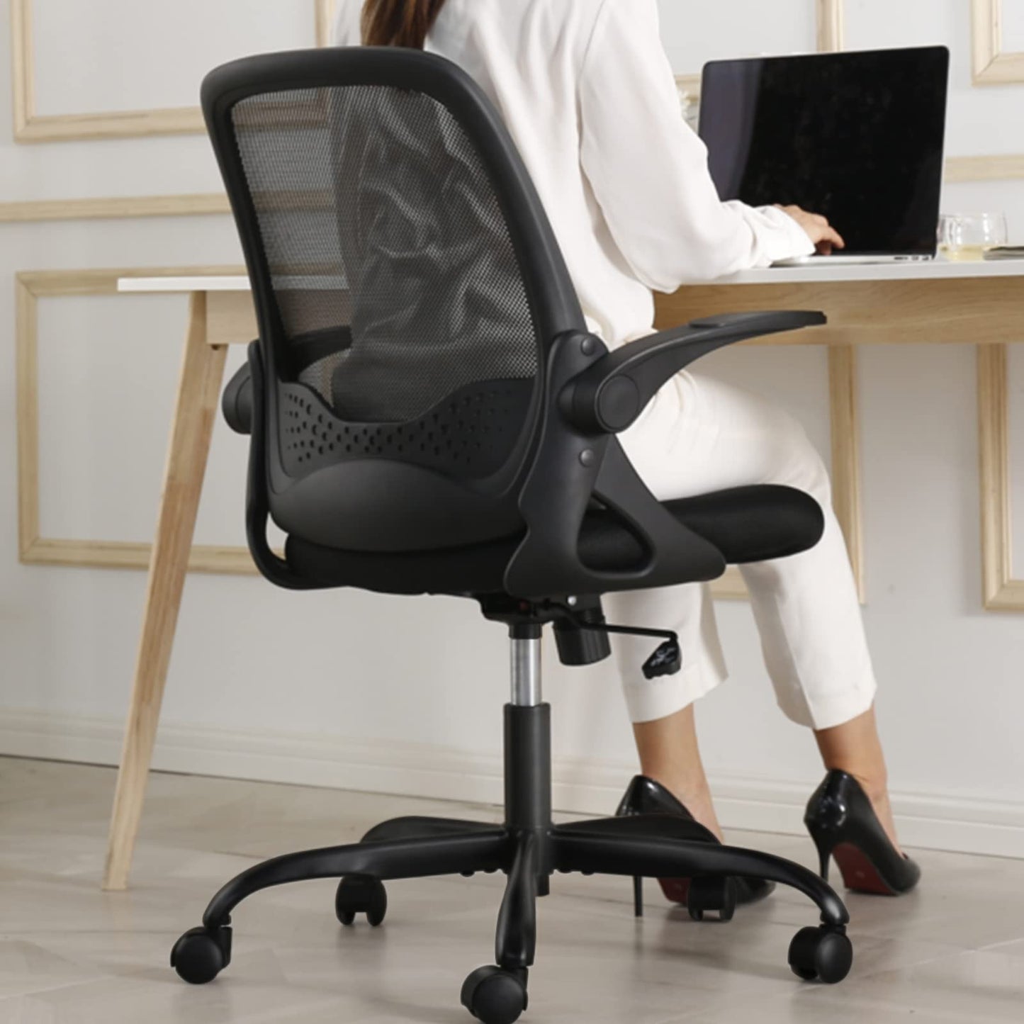 KERDOM Office Chair, Ergonomic Desk Chair with Folding Armrests, Mesh Computer Chair Work Chair Lightweight Chair, 360° Swivel Chair 933 Black