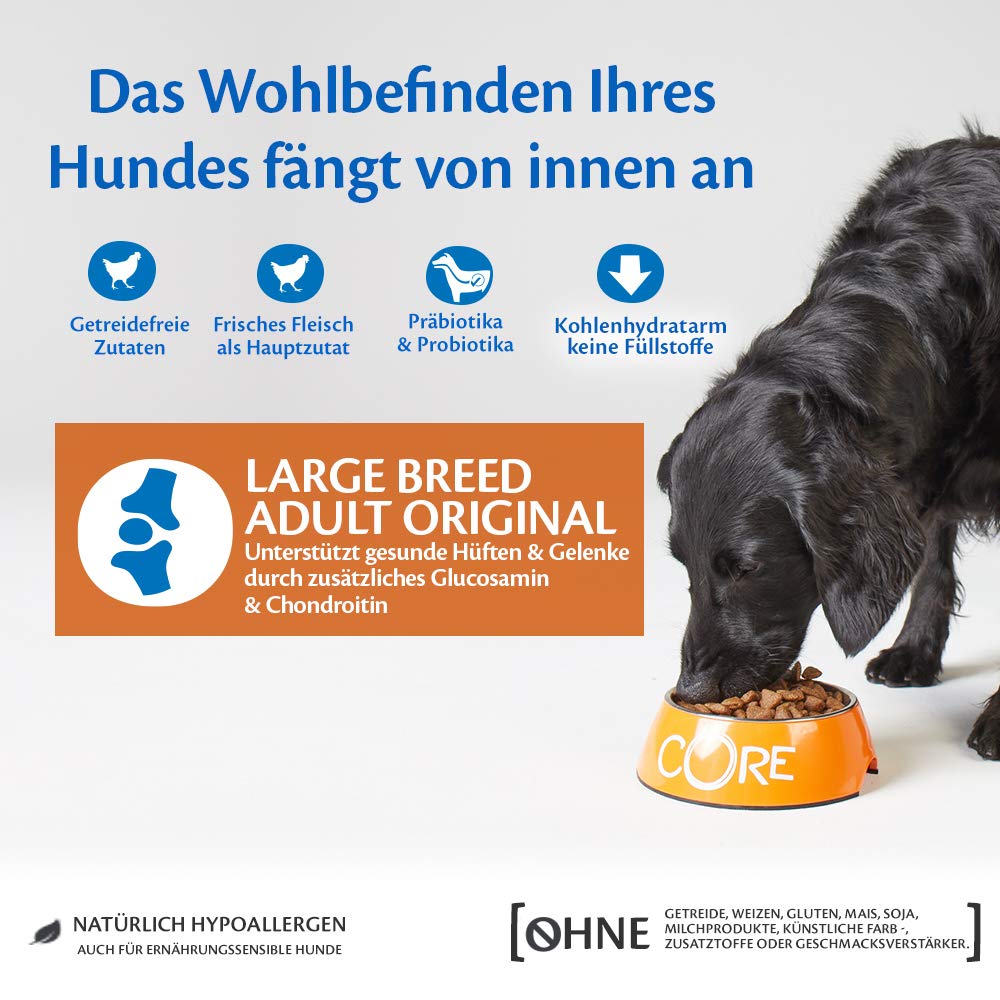 Wellness CORE Large Breed Original, Chicken, 10 kg, dry dog food for adult dogs of large breeds, no added sugar, grain-free, high in meat content.