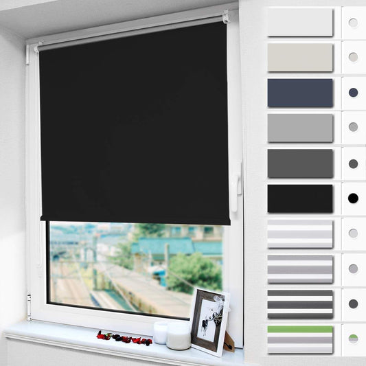 Magic blackout roller blind without & with drilling, clamp fix, black W105 x H130 cm (fabric width 100 cm), clamp roller thermal blind, indoor blind for sun protection and privacy, blinds for window & door.