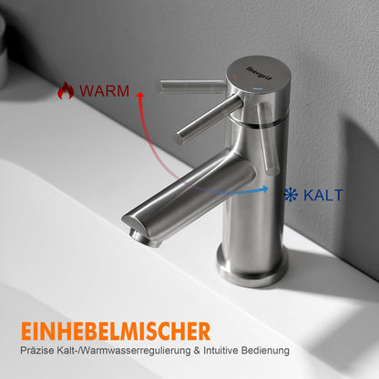 Ibergrif bathroom faucet, stainless steel single lever mixer tap for hot and cold water, drip-free and water-saving, 98mm spout height, grey bathroom fixture M11103.