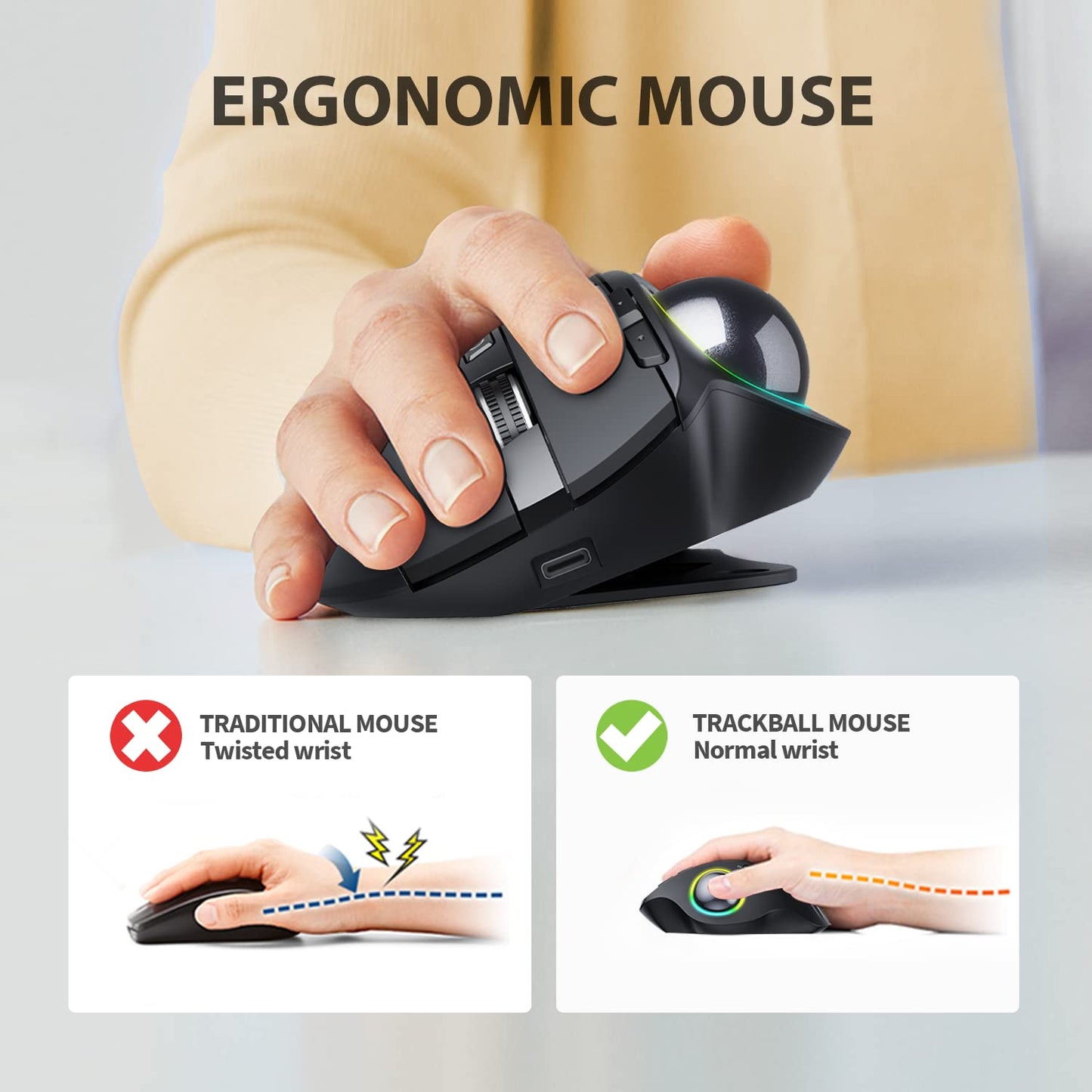 ProtoArc EM01 Bluetooth trackball mouse wireless, RGB 2.4GHz rechargeable ergonomic mouse, 5 adjustable DPI, thumb control, adjustable angle, for PC, iPad, Mac, Windows