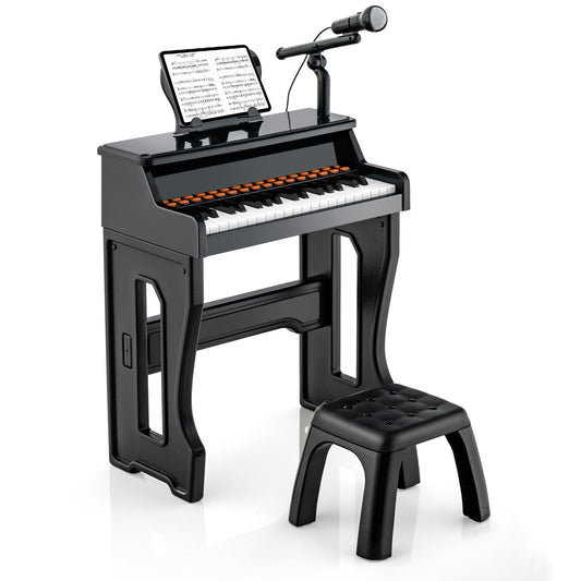 COSTWAY 37-Key Kids Keyboard, electronic child piano with stool, adjustable microphone & music stand, kids piano keyboard for children aged 3 and up (Black)