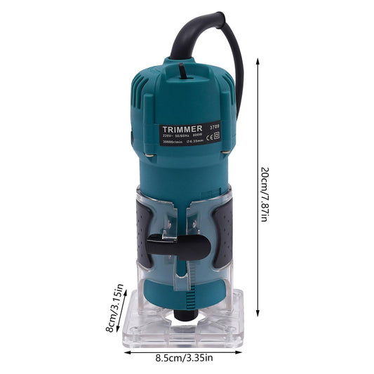 800W trim router, 6.35mm edge trimming router with 15 different router collets for grooving, trimming, carving, milling, chamfering, and cutting curves.