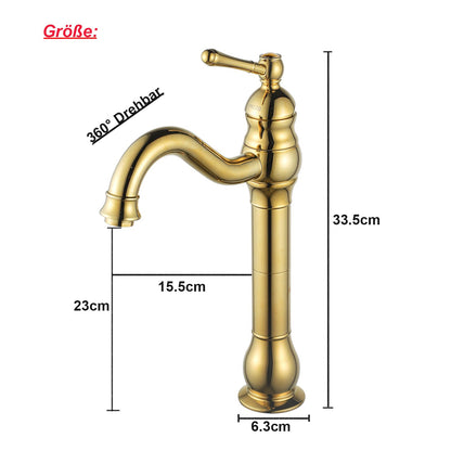FWZZQ Gold Retro Bathroom Faucet, Basin Faucet High Swivel 360°, Single Handle Sink Faucets, Nostalgic Brass Bathroom Mixer Tap for Bathroom