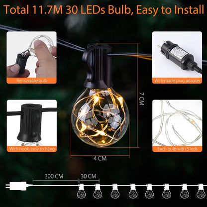 Quntis 38ft IP65 LED outdoor string lights, 30 G40 bulbs E12 warm white + 3 spare bulbs, 155 LEDs, waterproof for party garden balcony patio tent cafe décor.