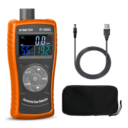 BTMETER BT-5800G Ammonia Gas Detector Sensor tests for 0~100PPM Nh3. Monitor includes temperature, humidity tester.