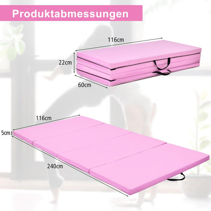 COSTWAY 240 x 120 x 5 cm soft floor mat, foldable gymnastics mat with Velcro closure and 2 carrying handles, gymnastics mat, foldable mat, fitness mat for gymnastics, yoga, home training (pink)