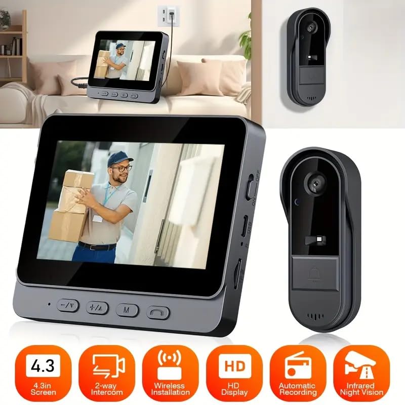 Wireless video doorbell with camera outdoor IP65 waterproof 1080P wireless doorbell 4.3 inch IPS screen doorbell 170° HD camera intercom infrared night vision two-way audio.